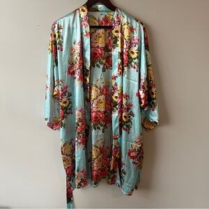 Floral Kimono Robe - Blue and Multicolor Floral Print